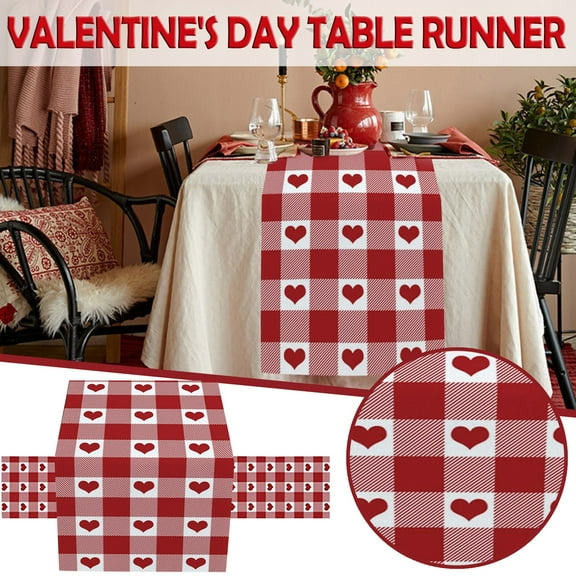 Openpig Valentine Table Runner Romantic Red Hearts Gingham Pattern, Table Runner Decoration for Kitchen Family Dinner Table Holiday Party Style