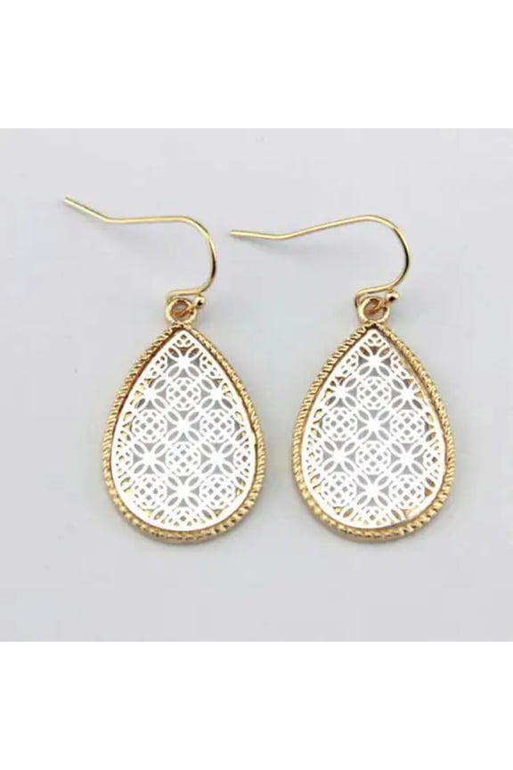 Openwork Gold Filigree Hollow Brass Oval Shape Clover Floral Teardrop Earrings