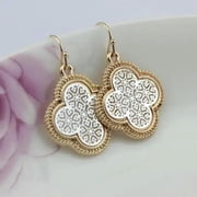 Openwork Gold Filigree Hollow Brass Oval Shape Clover Floral Teardrop Earrings