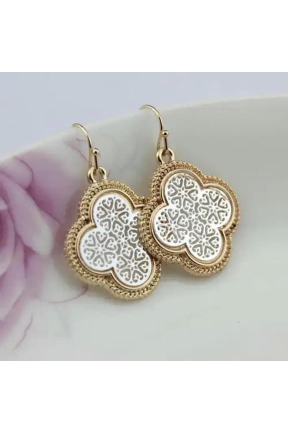 Openwork Gold Filigree Hollow Brass Oval Shape Clover Floral Teardrop Earrings