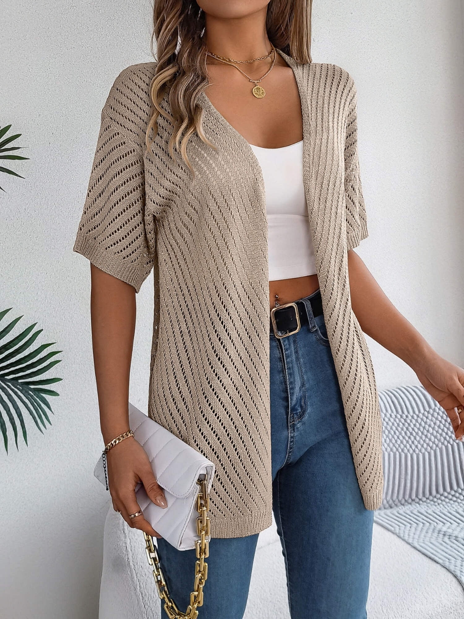 Openwork Open Front Long Sleeve Cardigan