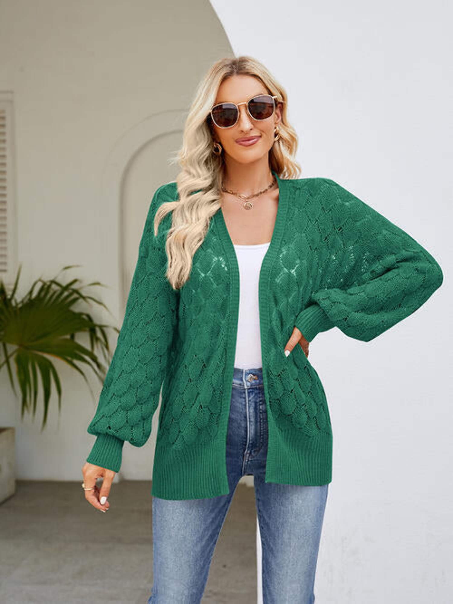 Lantern Sleeve Open Front Pocketed Cardigan