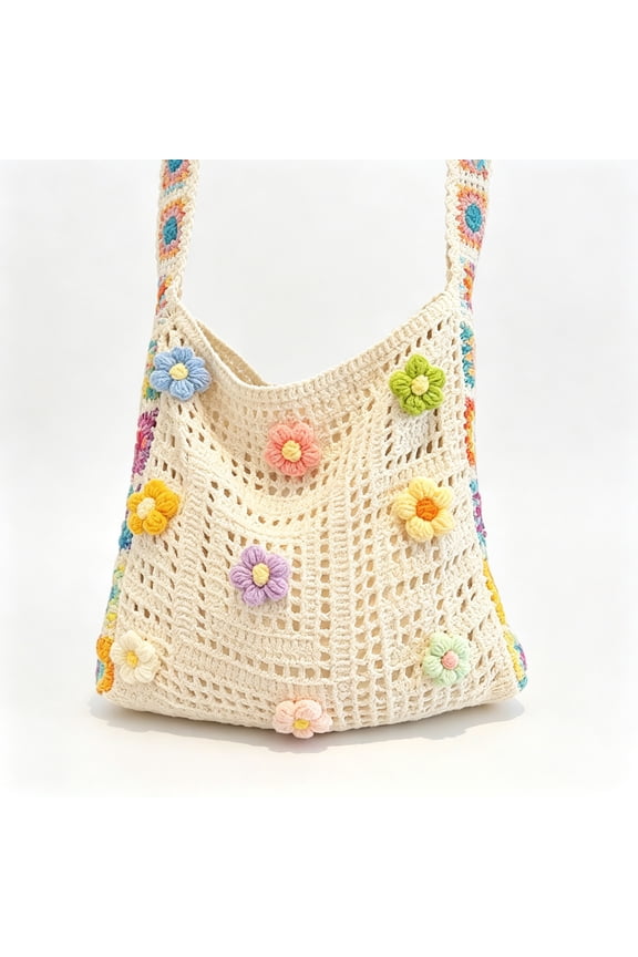 Openwork Woven Tote Bag for Women, Summer Boho Crochet Knit Shoulder Bag, Large Capacity Hollow Out Beach Handbag with Floral Detail