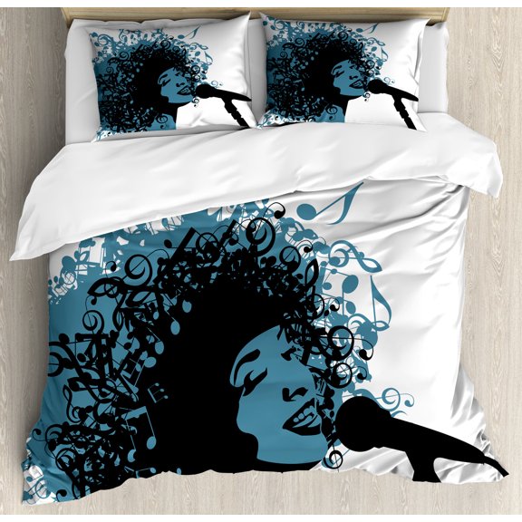 Opera Duvet Cover Set, Abstract Jazz Themed Image with Woman Singer with Afro Music Note Hair, Decorative 3 Piece Bedding Set with 2 Pillow Shams, King Size, Slate Blue Charcoal Grey, by Ambesonne