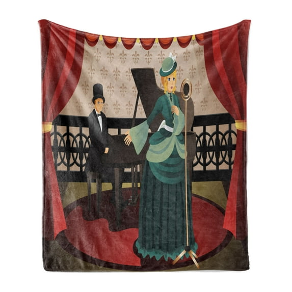 Opera Soft Flannel Fleece Throw Blanket, Historic Clothes Woman Singer and Pianist Performing on Stage Cartoon Illustration, Cozy Plush for Indoor and Outdoor Use, 60" x 80", Multicolor, by Ambesonne