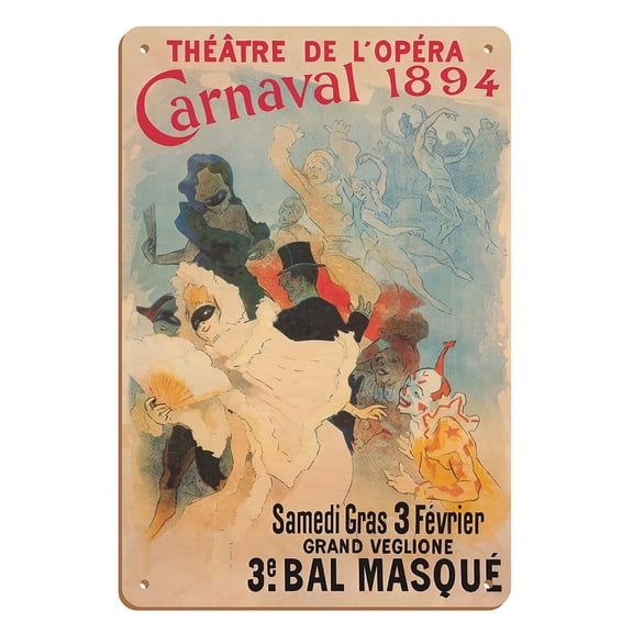 Opera Theater (Théâtre de l'Opéra) Carnaval 1894 - Vintage Carnival Poster by Jules Chéret - 8 x 12 inch Vintage Wood Art Sign