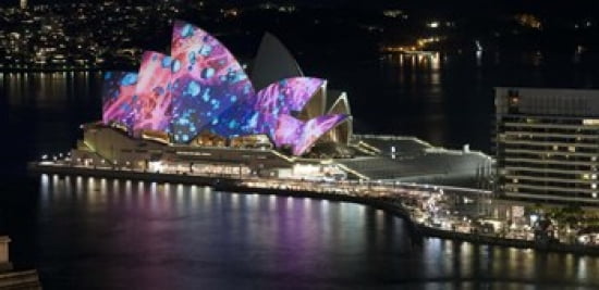 Opera house lit up at night Sydney Opera House Sydney New South Wales Australia Canvas Art - Panoramic Images (24 x 12)