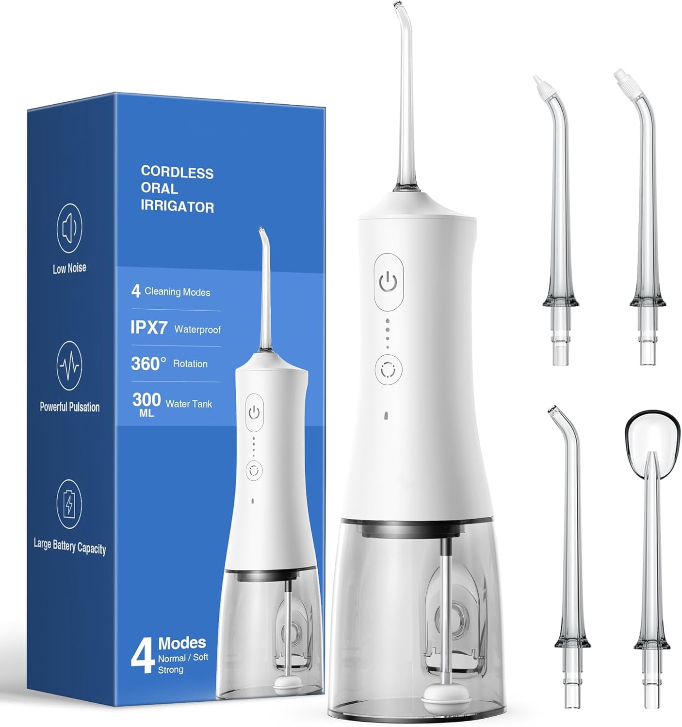 Operan Cordless Water Flosser for Teeth Cleaning, Portable Rechargeable Oral Irrigator with 4 Modes 4 Jet Tips, IPX7 Waterproof Water Floss for Home Travel, 300ml, White