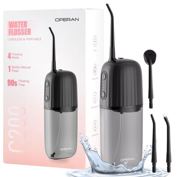 Operan Wireless Water Flosser, Portable Electric Water Dental Flossers, Rechargeable Oral Irrigator with 4 Nozzles, 200 ml Tank, IPX7 Waterproof Black