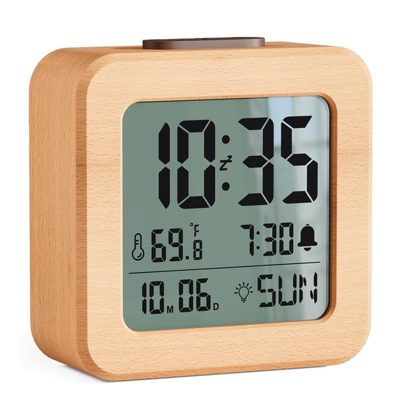 Operated Clock With Real Wood Case Loud Alarm Snooze Automatic Light Sensor Temperature Date And Day Of The Week Display (3 Aaa Included)