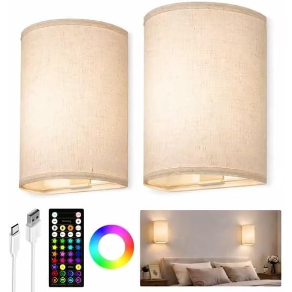 Operated Wall Sconce, Rechargeable Wall Sconces Set of Two with Remote, 3 Color & 80 RGB  Wall mount Light, Dimmable, Timer, Peel and Stick, Fabric Linen Wall Lights for Bedroom
