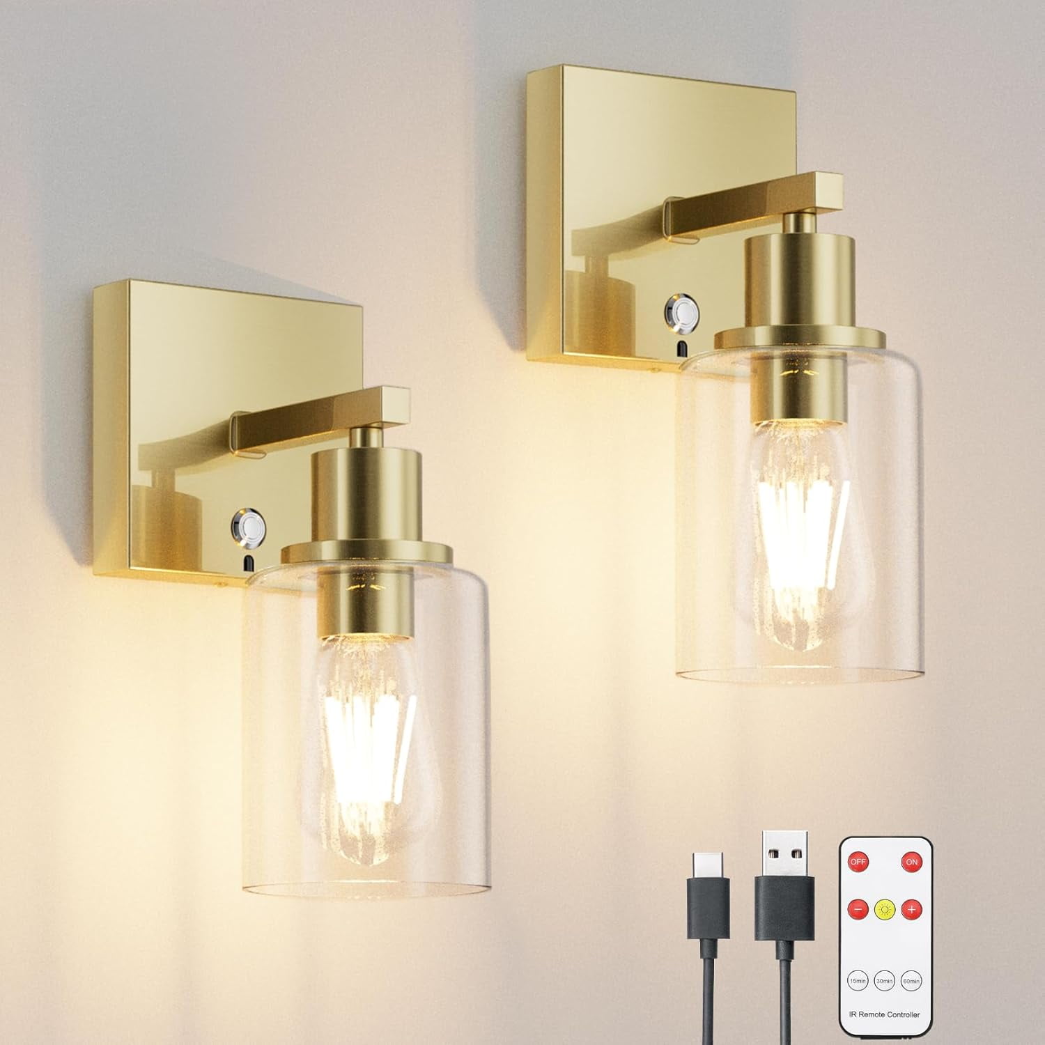 Kimjo Battery Wall Sconces Set Of 2 With Remote - Rechargeable, Dimmable, Glass Shade, No Wiring Needed