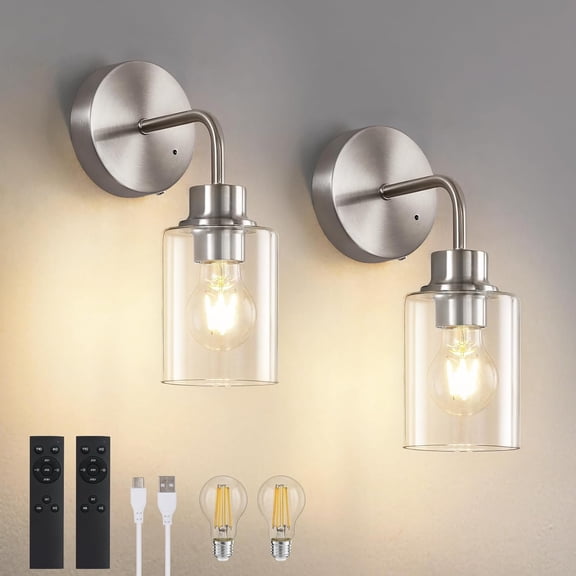 Operated Wall Sconce Set of Two - Brushed Nickel Rechargeable Wall Sconces with Remote Control, Cordless Wall Lights 3000K Wall Lamp for Bedroom Bathroom Living Room
