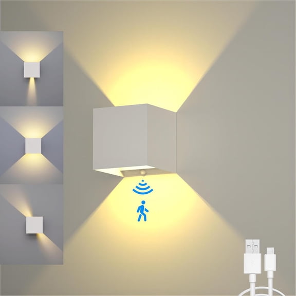Operated Wall Sconces, 12W Motion Sensor Light Indoor, 6000mAh Wall Lights Rechargeable, 3 Colors Adjustable, LED Wall Lamp for Living Room Bedroom Hallway Decor, White