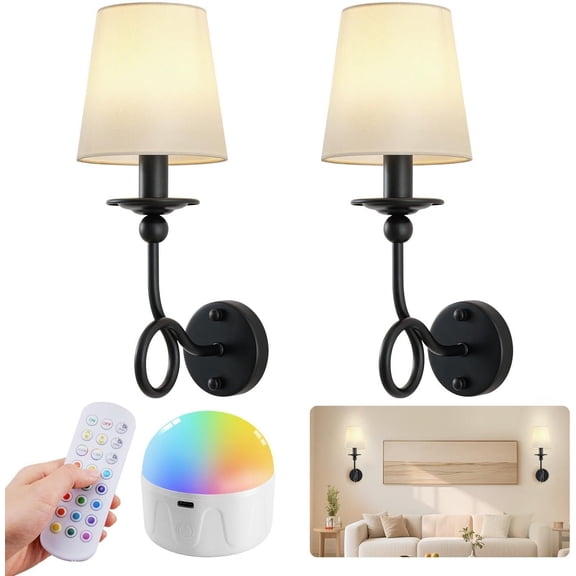 Operated Wall Sconces Set of 2, Indoor Rechargeable LED Wall Lamps with Remote Control, 15 RGB Colors Cordless Lighting for Bedroom Living Room Hallway Fireplace-Black