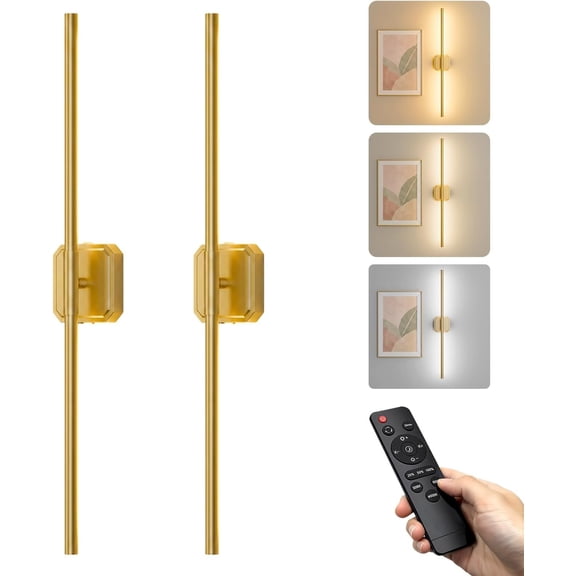 Operated Wall Sconces Set of 2: Rechargeable Wall Lights with Remote Control, 2700K-6000K Dimmable LED Wall Scones, 350? Rotatable  Wall Lamps for Bedroom, Living Room, 28.7in