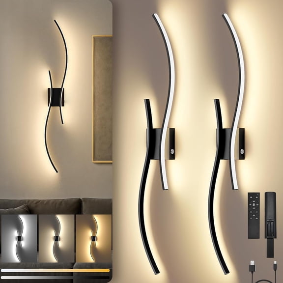 Operated Wall Sconces Set of Two, 10000mAh Rechargeable Modern Wall Lights with Remote Control, Dimmable Black LED Cordless Lighting for Living Room, Bedroom, Hallway, 31.5 Inch, 3CCT