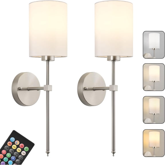 Operated Wall Sconces Set of Two, Rechargeable Wall Light With Remote Control, Dimmable, Light/Warm White/ White//RGB,Timer,for Living Room,Bedroom,Entryway,Nickel