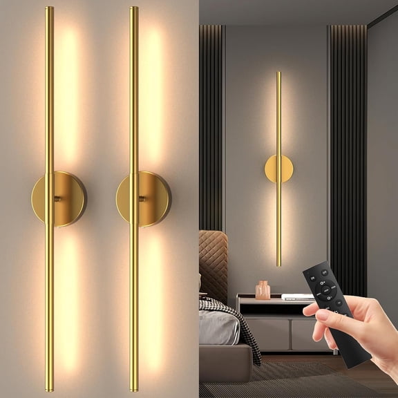 Operated Wall Sconces Set of Two, Rechargeable Wall Lights with Remote Control, Dimmable 3000K-6000K LED Wall Lamp, 360?Rotate, Long Sconces for Living Room, Bedroom