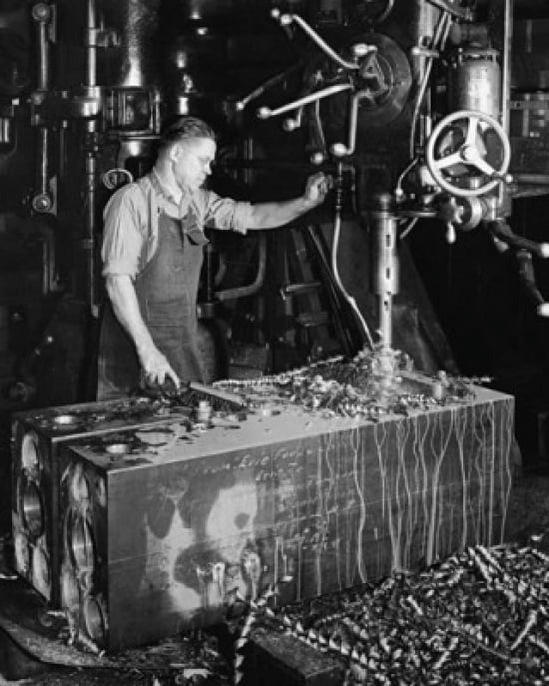 Operator drilling a steel block with a radial drill press Canvas Art - (24 x 36)