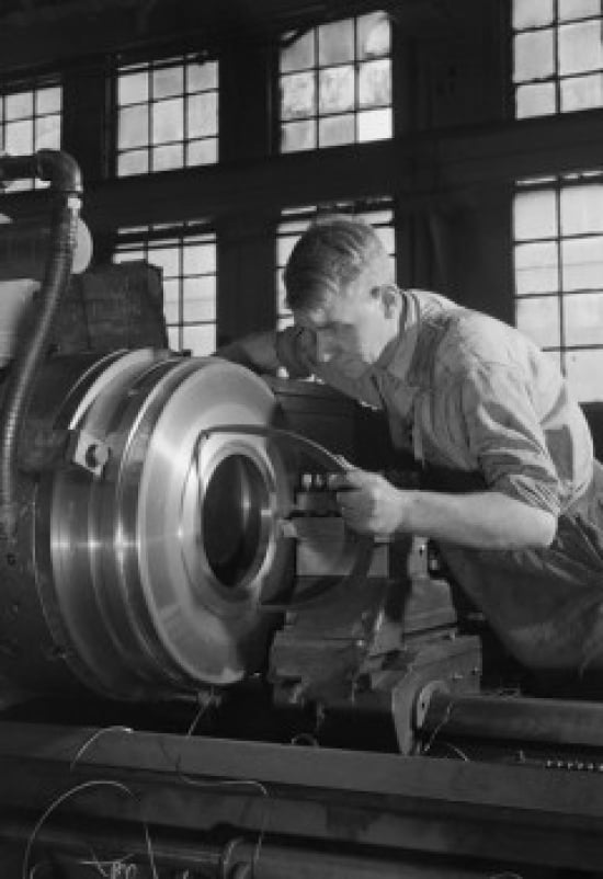 Operator gauging work in a high speed engine lathe Canvas Art - (24 x 36)