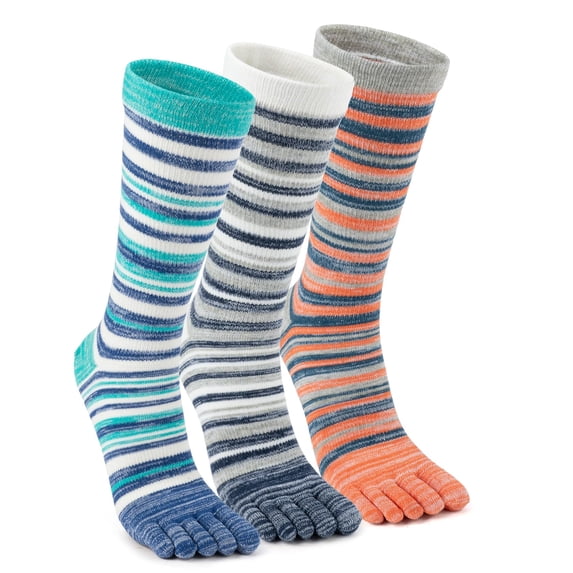 OpetHome 3 Pairs Colorful Striped Crew Five Toe Socks, Unisex Cotton Split Toe Athletic Socks for Daily Wear Cycling Running Large