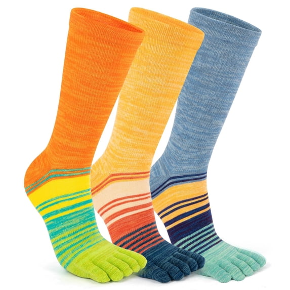 OpetHome 3 Pairs Colorful Striped Crew Five Toe Socks, Unisex Cotton Split Toe Athletic Socks for Daily Wear Cycling Running Large