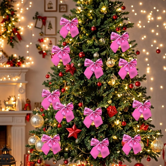 Opeuhuo 12 Pieces Mini Satin Ribbon Christmas Bows,Cardstock Mounted Mini Bow,Bow Christmas Decorations for Xmas Tree Wreath Party Gift Wrapping DIY Decor(2.17"×2.36",Pink)