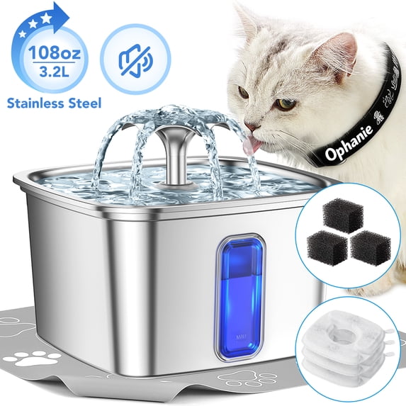 Ophanie 108oz/3.2L Stainless Steel Cat Water Fountain with Replacement Filters & Silicone Mat, Automatic Water Dispenser for Cat and Dogs, Electric Drinking Bowl Suitable for Multiple Pets, Silver