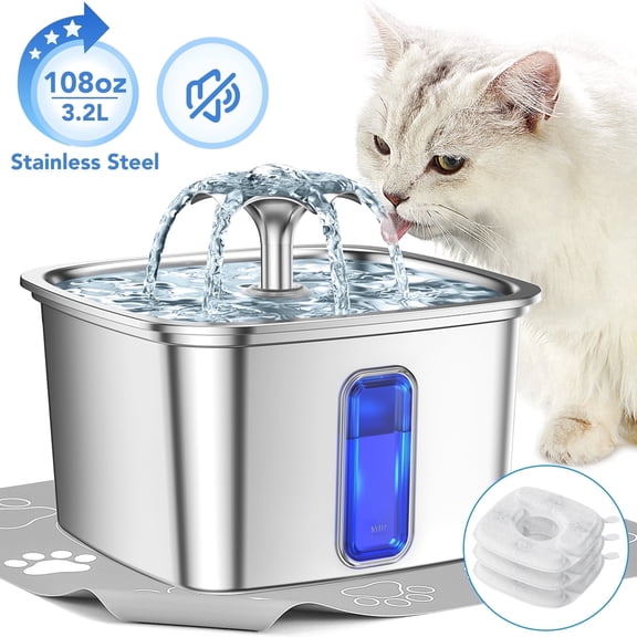 Best seller Ophanie 108oz/3.2L Stainless Steel Cat Water Fountain with Replacement Filters & Silicone Mat, Automatic Water Dispenser for Cat and Dogs, Electric Drinking Bowl Suitable for Multiple Pets