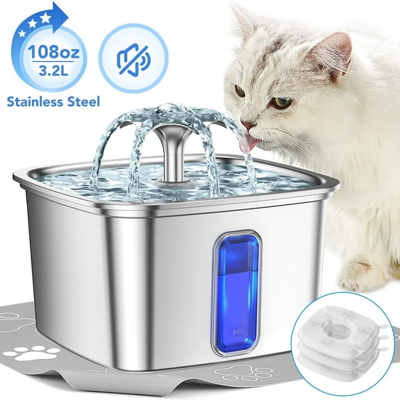 Ophanie 108oz/3.2L Stainless Steel Cat Water Fountain with Replacement Filters & Silicone Mat, Automatic Water Dispenser for Cats and Dogs, Electric Drinking Bowl Suitable for Multiple Pets, Silver