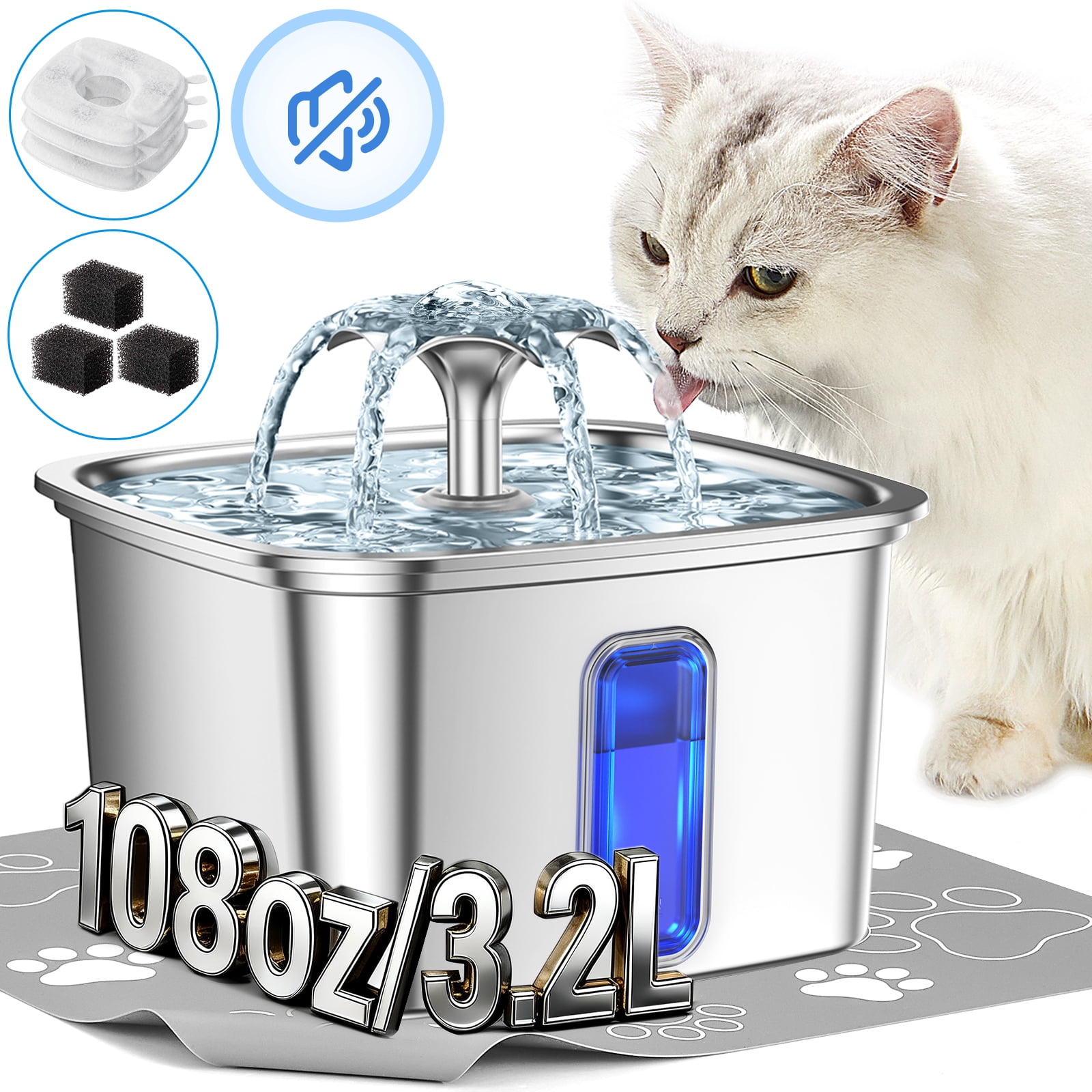 Ophanie 108oz/3.2L Stainless Steel Cat Water Fountain with 3