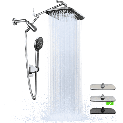 Ophanie 12 Inch Coverage High Pressure Rain Shower Head Combo with Adjustable Extension Arm, Wide Rainfall & 5 Modes Handheld Showerhead, Dual Anti-Clog Nozzles for Ultimate Experience, Silver Chrome
