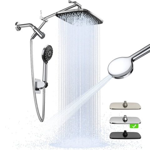 Ophanie 12 Inch Coverage High Pressure Rain Shower Head Combo with Adjustable Extension Arm, Wide Rainfall & 5 Modes Handheld Showerhead, Dual Anti-Clog Nozzles for Ultimate Experience, Silver Chrome