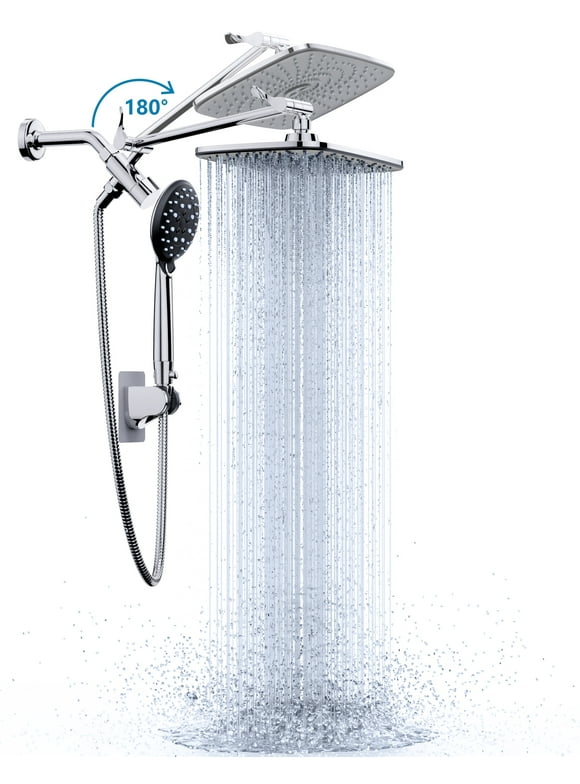 Ophanie 12 Inch High Pressure Rain Shower Head Combo with Adjustable Extension Arm - Wide Rainfall & 5 Spray Handheld Showerhead - Dual Anti-Clog Nozzles for Ultimate Shower Experience, Silver Chrome