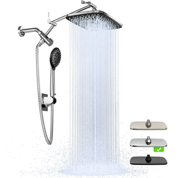 Ophanie 12 Inch Coverage High Pressure Rain Shower Head Combo with Adjustable Extension Arm, Wide Rainfall & 5 Modes Handheld Showerhead, Dual Anti-Clog Nozzles for Ultimate Experience, Silver Chrome