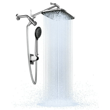 Ophanie 12 Inch High Pressure Rain Shower Head Combo with Adjustable Extension Arm - Wide Rainfall & 5 Spray Handheld Showerhead - Dual Anti-Clog Nozzles for Ultimate Shower Experience, Silver Chrome