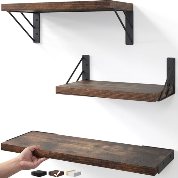 Ophanie 16 inch 3 Pack L-shaped Wood Floating Shelves, Hanging Float Shelf for Wall Mounted Decorative Shelves, 6.7 x 16 Inch, Set of 3, Brown