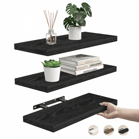 Ophanie 16 inch 3 Pack Wood Floating Shelves, Hanging Float Shelf for Wall Mounted Decorative Shelves, 6.7 x 15.7 Inch, Set of 3, Black