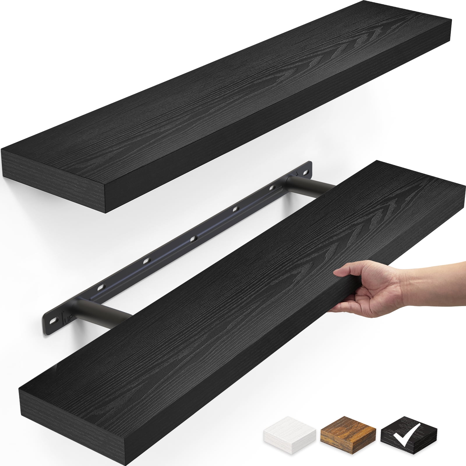 Ophanie 22.5 inch 2 Pack Wood Floating Shelves, Hanging Float Shelf for Wall Mounted Decorative Shelves, 6.7 x 23 Inch, Set of 2, Black