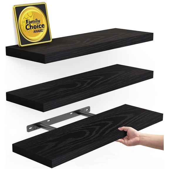 Ophanie 22.5 inch 3 Pack Wood Floating Shelves, Hanging Float Shelf for Wall Mounted Decorative Shelves, 6.7 x 23 Inch, Set of 3, Black