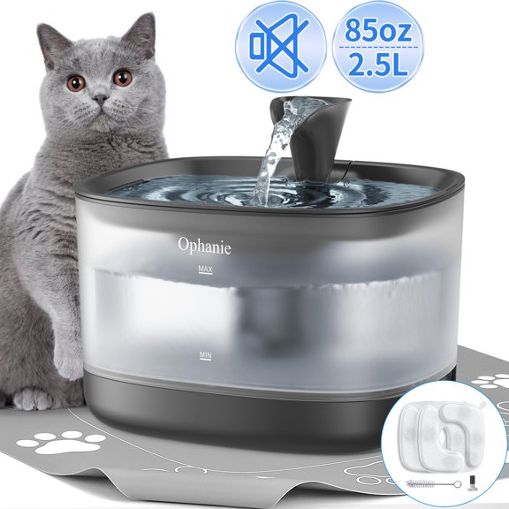 Ophanie 85oz/2.5L Cat Water Fountain with Detachable Tank, Easy & Safe to Clean and Assemble for Cats and Dogs, with Replacement Filters & Silicone Mat, Black