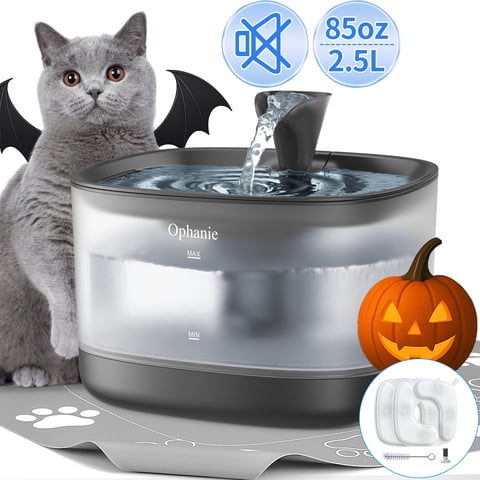Ophanie 85oz/2.5L Cat Water Fountain with Detachable Tank, Easy & Safe to Clean and Assemble for Cats and Dogs, with Replacement Filters & Silicone Mat, Black