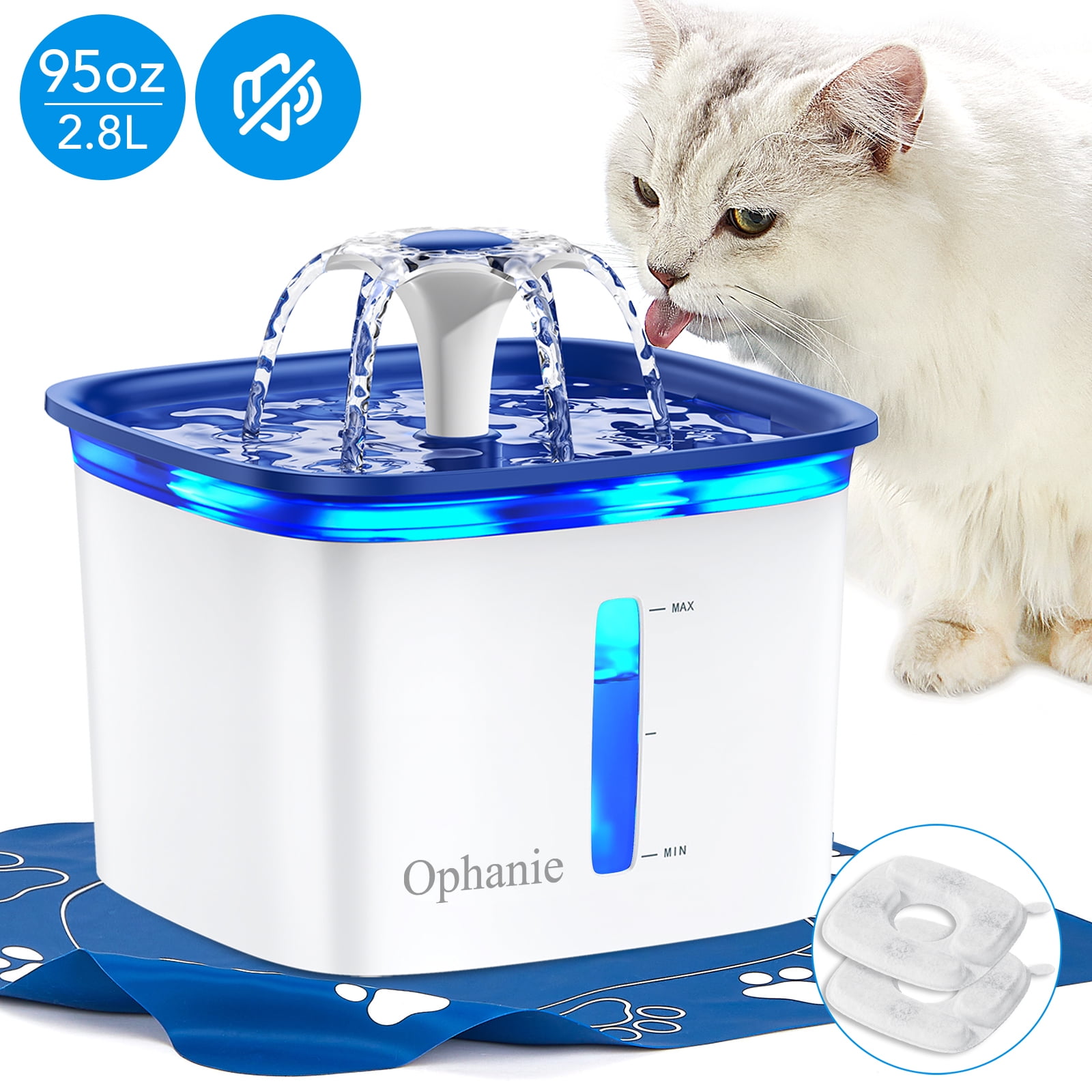 Ophanie 95oz/2.8L Pet Fountain with Anti-slip Mat & Replacement Filters, Automatic Cat Water Fountain Dog Water Dispenser, White & Blue