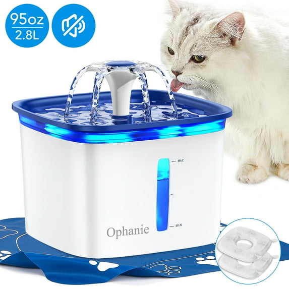 Ophanie 95oz/2.8L Pet Fountain with Anti-slip Mat & Replacement Filters, Automatic Cat Water Fountain Dog Water Dispenser, White & Blue