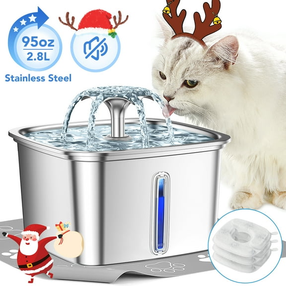 Ophanie 95oz/2.8L Stainless Steel Cat Water Fountain with Replacement Filters & Silicone Mat, Automatic Water Dispenser for Cats and Dogs, Electric Drinking Bowl Suitable for Multiple Pets, Silver