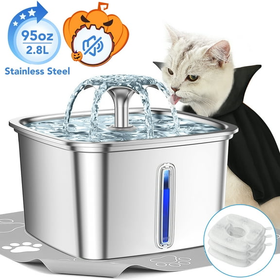 Ophanie 95oz/2.8L Stainless Steel Cat Water Fountain with Replacement Filters & Silicone Mat, Automatic Water Dispenser for Cats and Dogs, Electric Drinking Bowl Suitable for Multiple Pets, Silver
