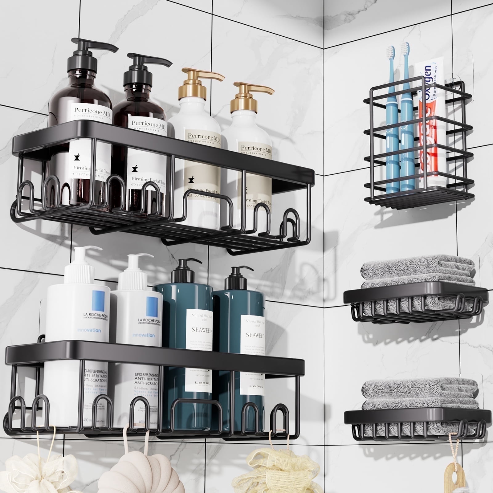 Ophanie Adhesive Shower Caddy 5 Count, Large Capacity Bathroom Organizers and Storage, No Drilling Wall-Mounted Basket, Black