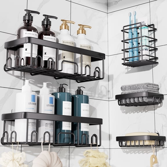 Ophanie Adhesive Shower Caddy 5 Count, Large Capacity Bathroom Organizers and Storage, No Drilling Wall-Mounted Basket, Black