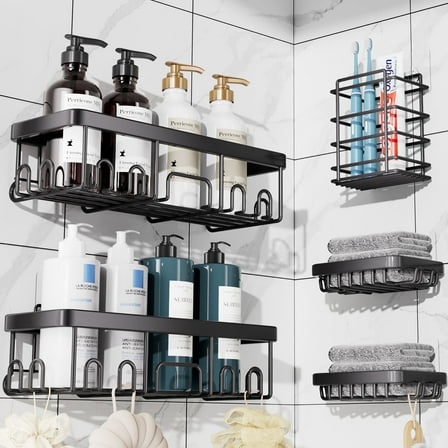Ophanie Adhesive Shower Caddy 5 Pack, Large Capacity Bathroom Organizers and Storage, No Drilling Wall-Mounted Basket, Black